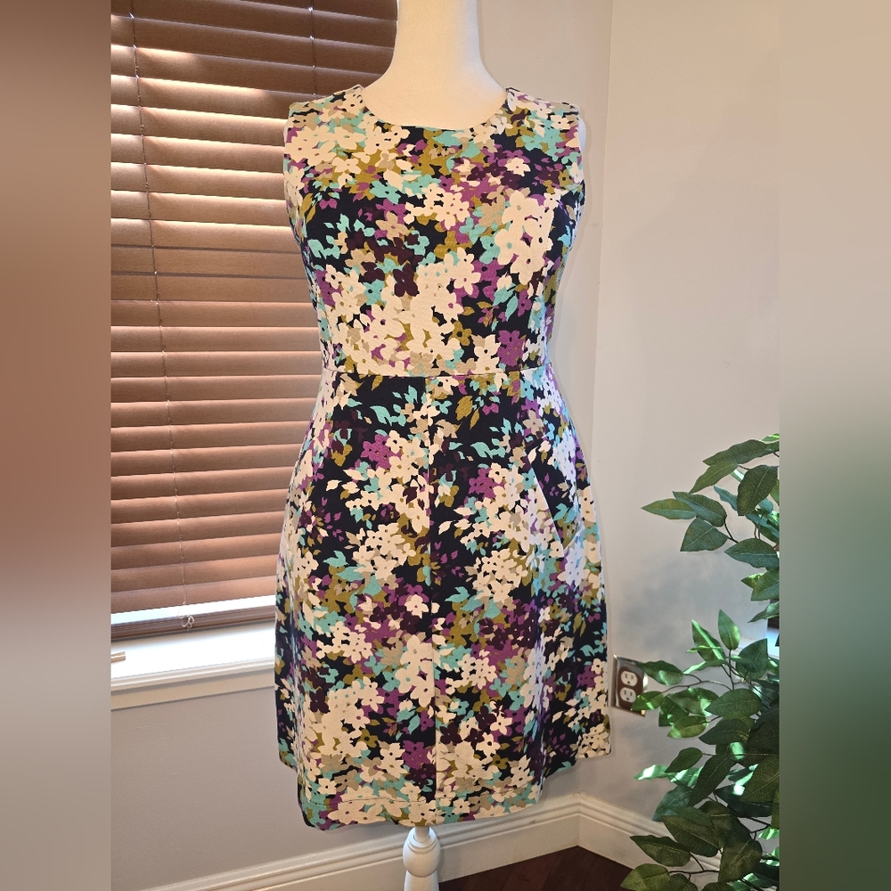 Lands End Ponte Knit Blue/Purple/White/Green Floral Dress w/POCKETS! Sz 10
